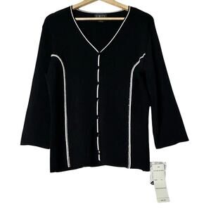 NWT UNITY Black 3/4 Sleeve Top XL VNeck White Piping Bling Trim Stretch Knit